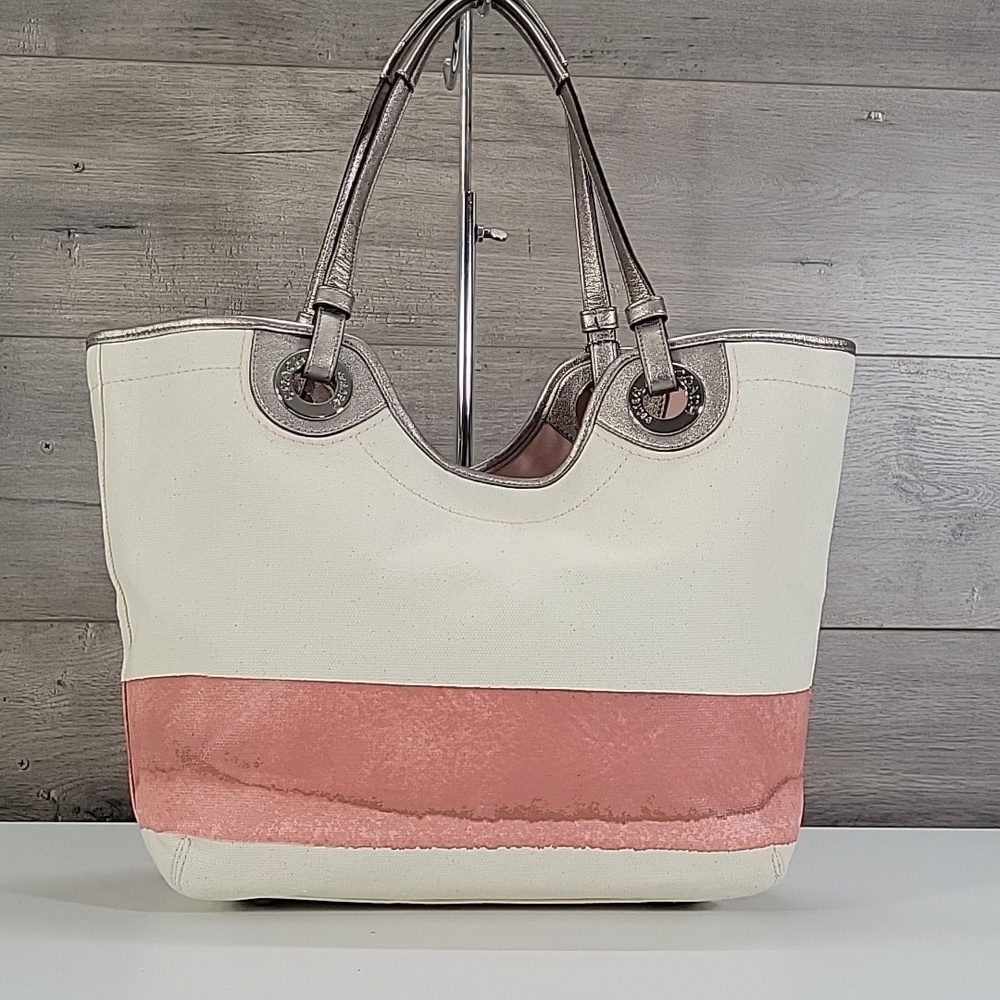 Coach Canvas Tote with Pink Stripe and Seashell Motif Tote Shoulder Bag F19273 - Picture 4 of 16